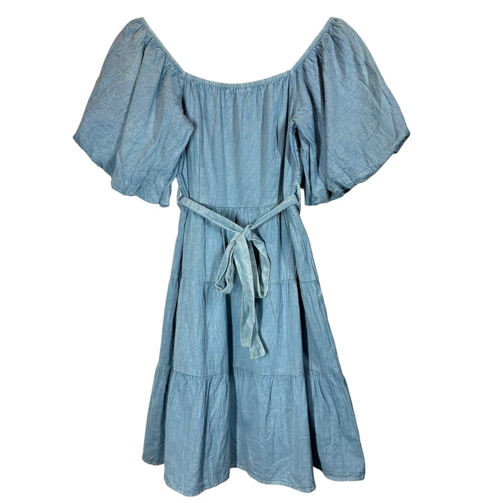 Sim & Sam Dress Off The Shoulder Puff Sleeve Linen Blend Mini Blue Medium NWT